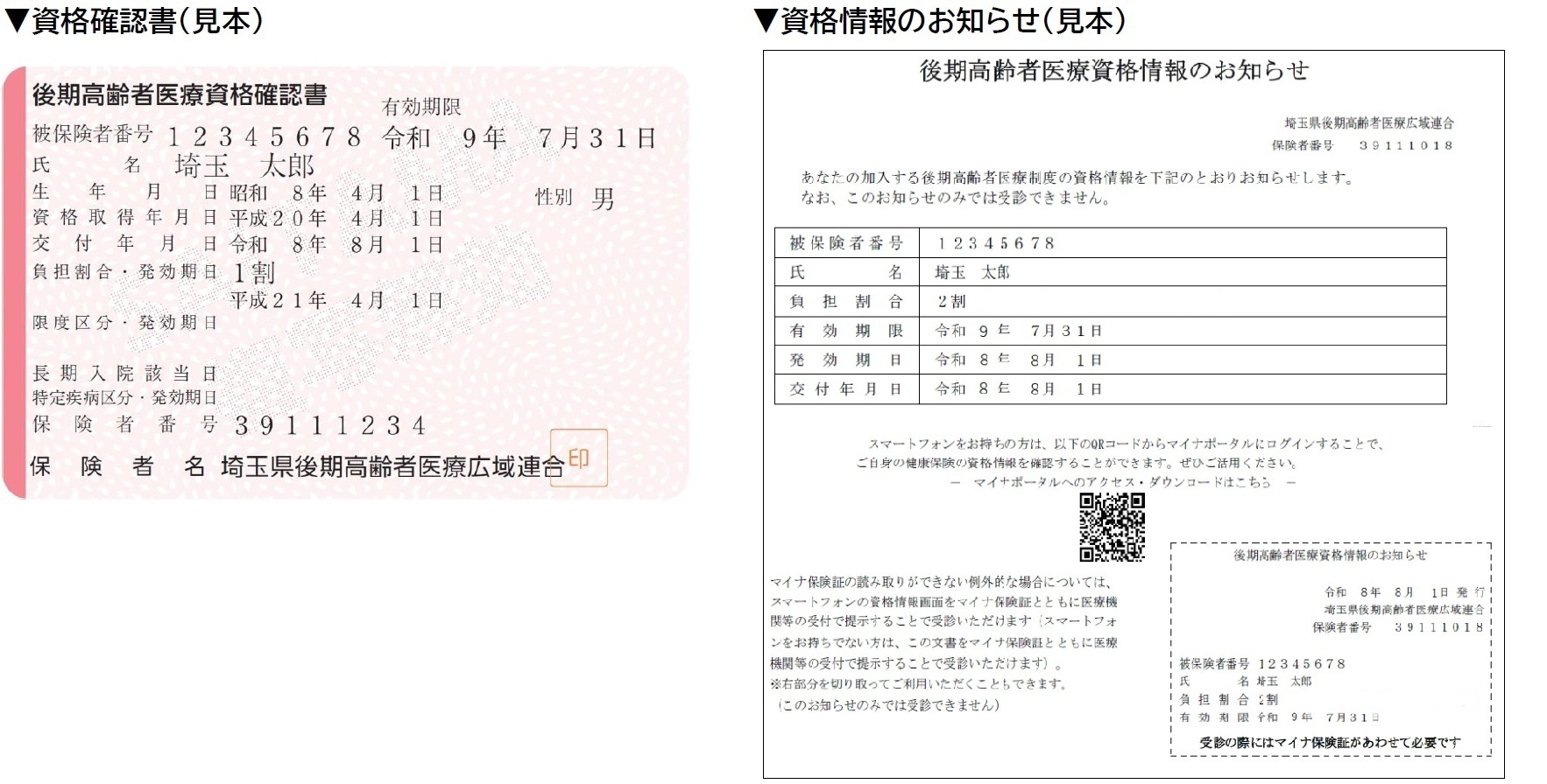 資格確認書・資格情報のお知らせ（見本）